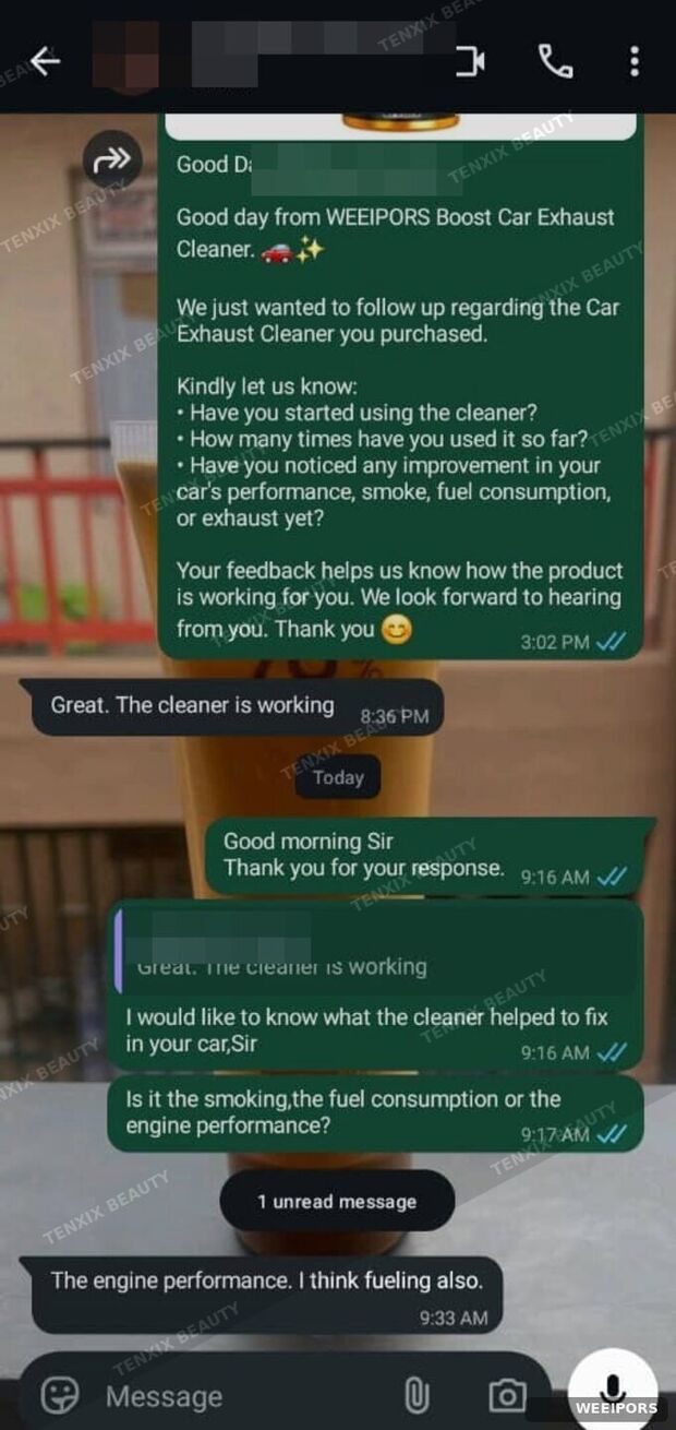 Customer WhatsApp message