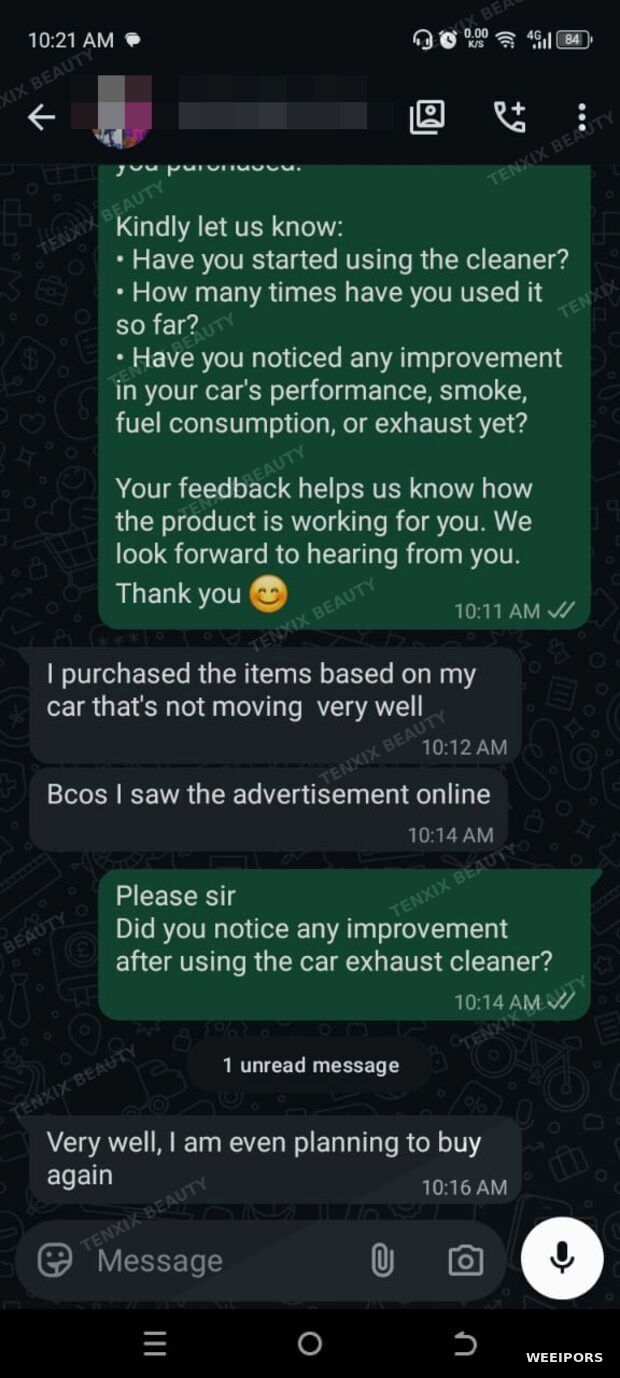 Customer WhatsApp message