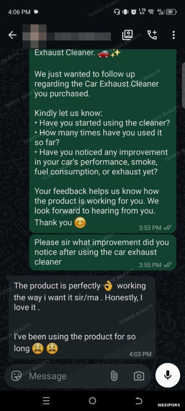Customer WhatsApp message