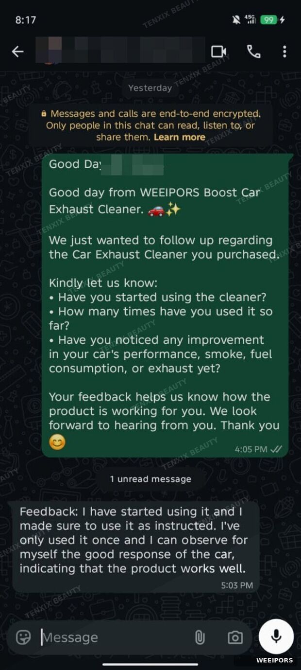 Customer WhatsApp message