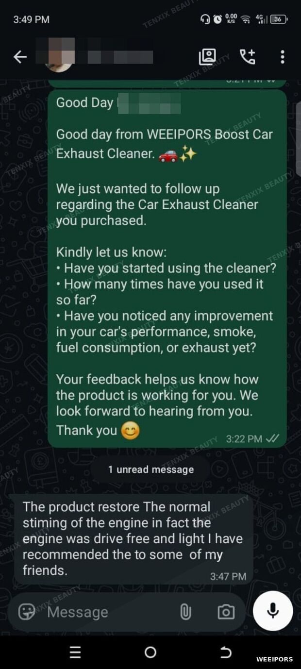 Customer WhatsApp message