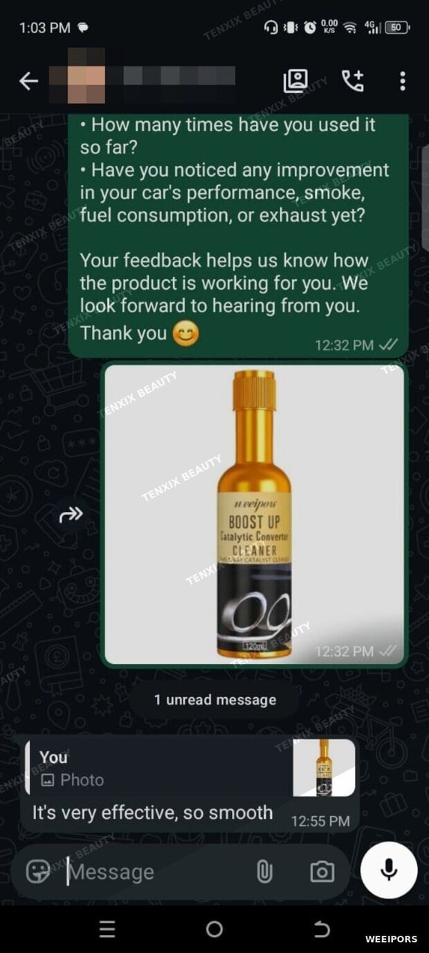 Customer WhatsApp message