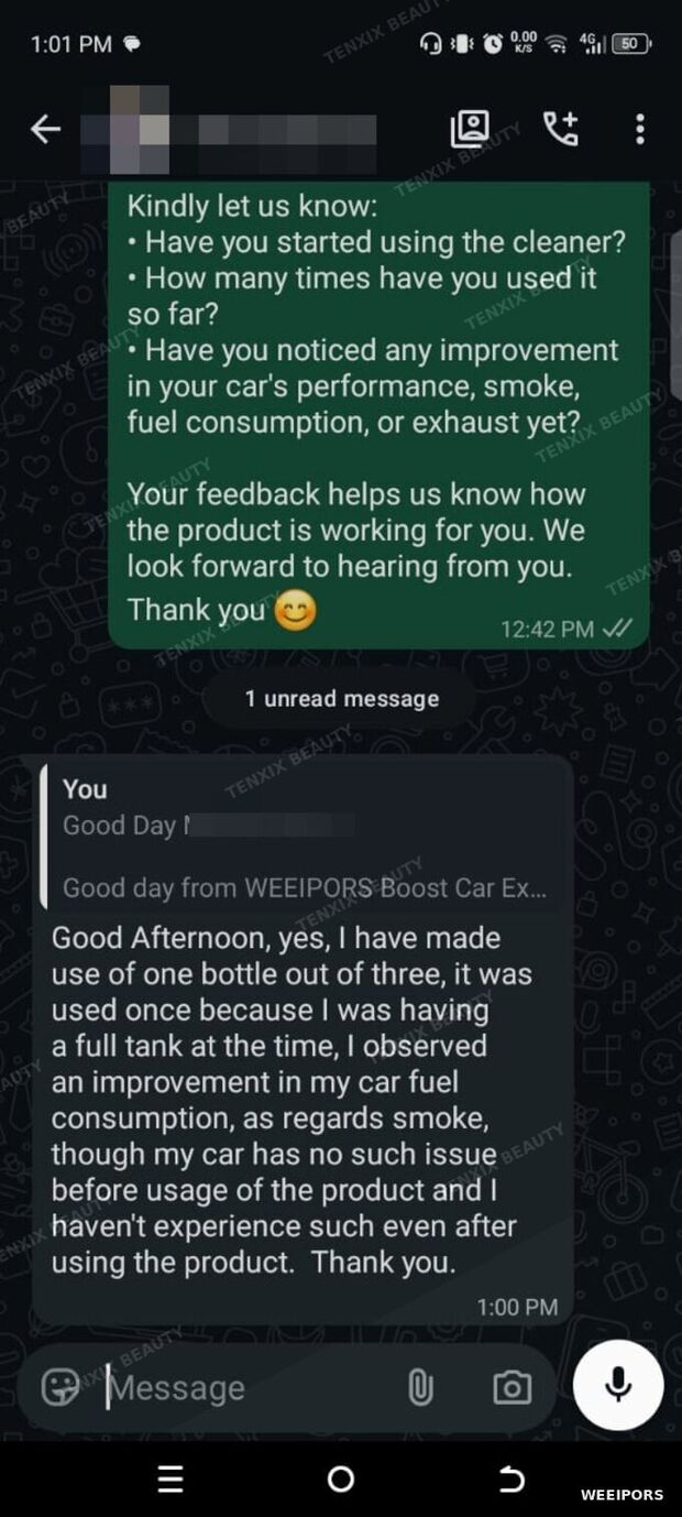 Customer WhatsApp message