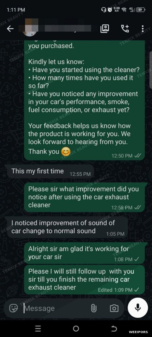 Customer WhatsApp message