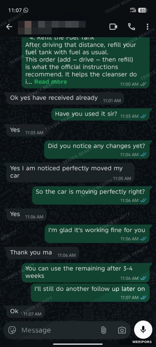 Customer WhatsApp message