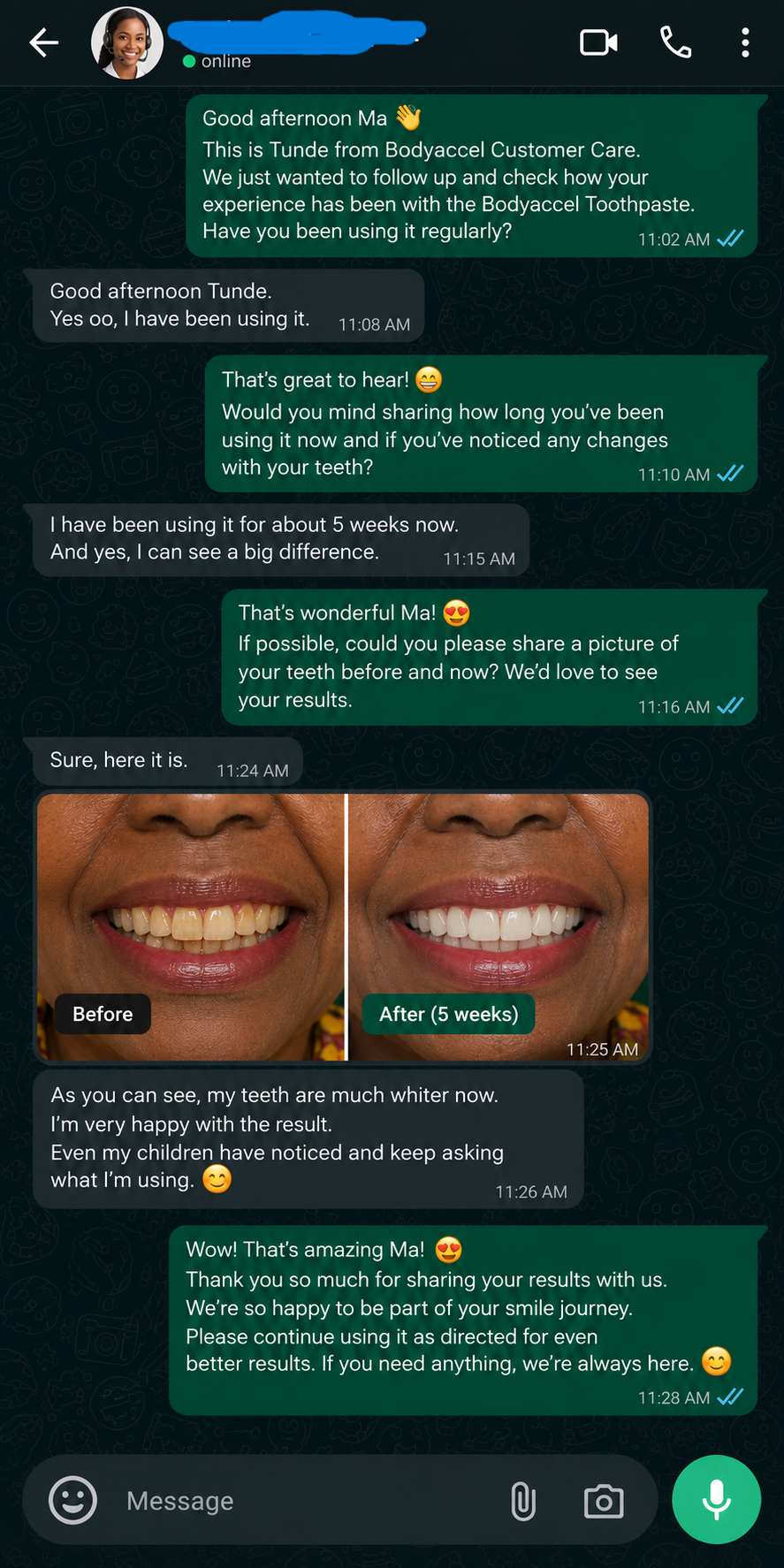 WhatsApp review from a BodyAccel customer after 5 weeks
