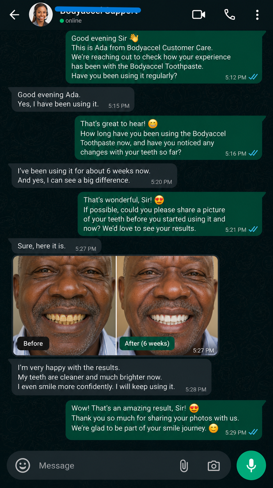 WhatsApp review from a BodyAccel customer after 6 weeks