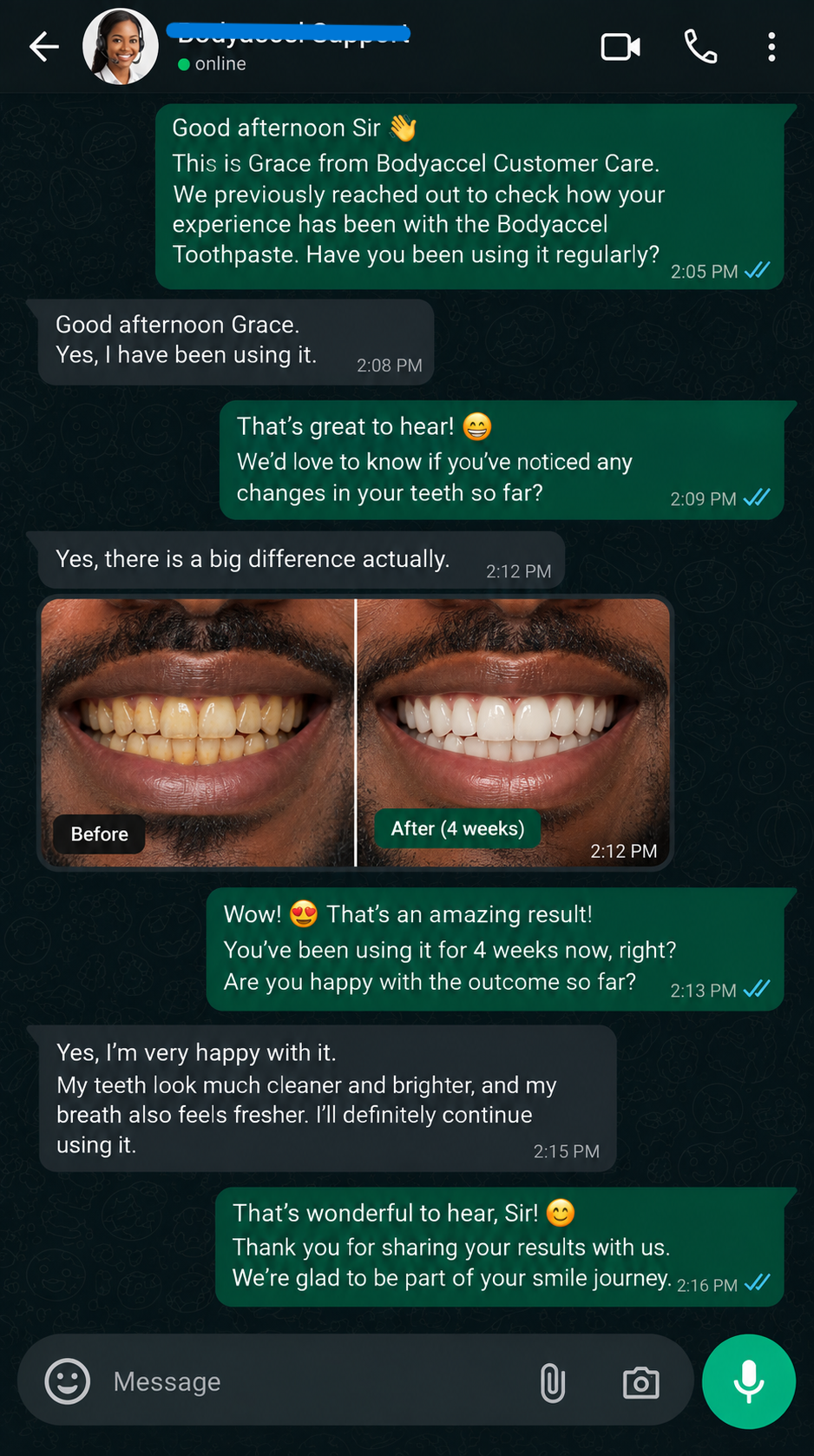 WhatsApp review from a BodyAccel customer after 4 weeks