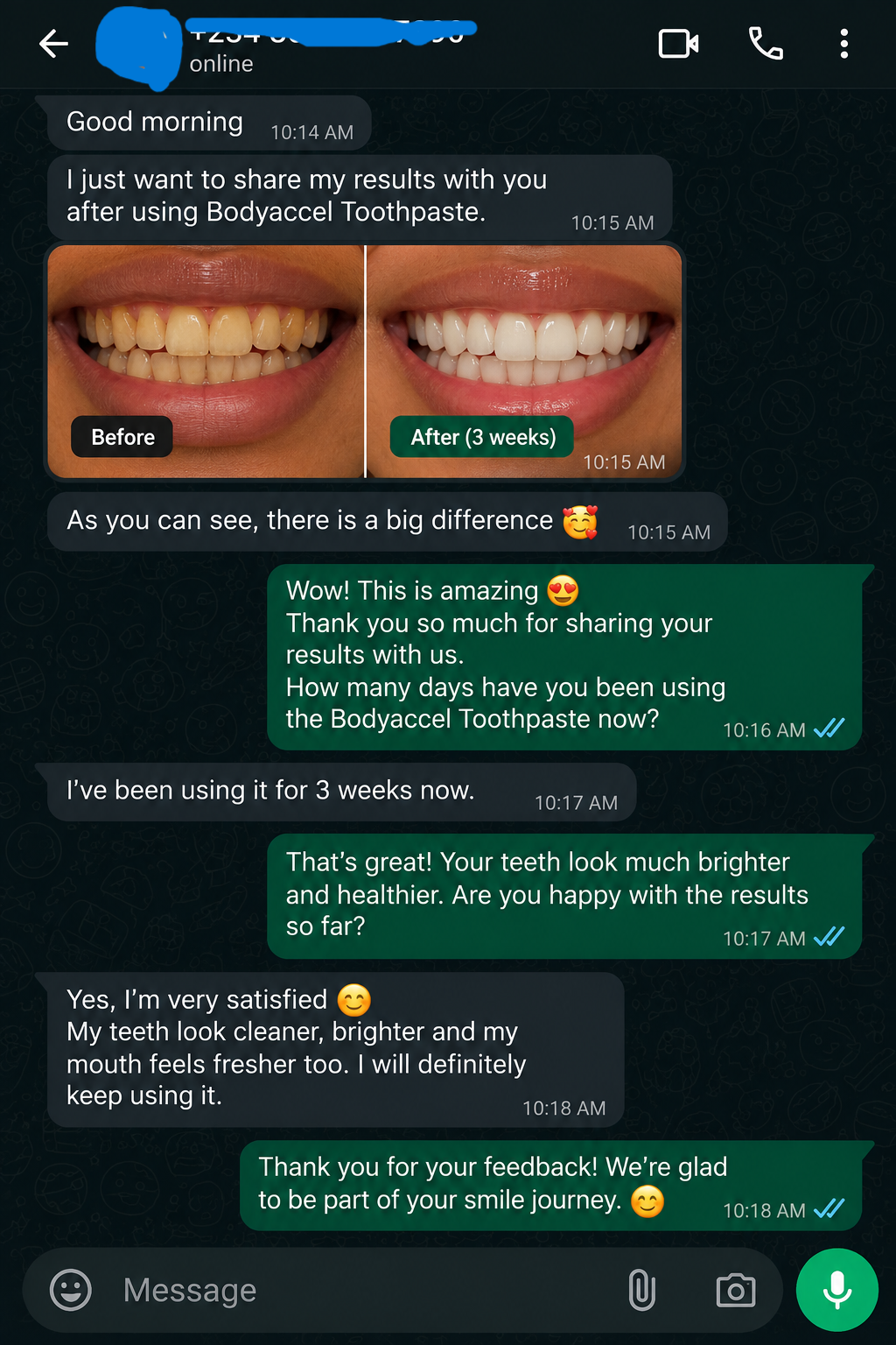 WhatsApp review from a BodyAccel customer after 3 weeks